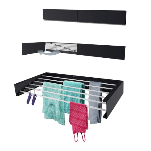 TCO ADVENTURES Wall Mounted Foldable Drying Rack 40" Elegant Matte Invisible Hanger | Folding Stainless Steel Collapsible Space Saver with 20 Feet Drying Capacity (Large, Black)