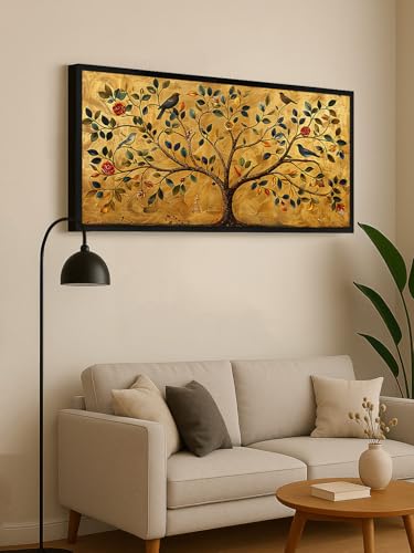 Image of 999STORE Tree of Life Canvas Wall Art, 120 x 60 cm, Black Frame, Golden Background, Birds and Flowers Design, Horizontal Orientation