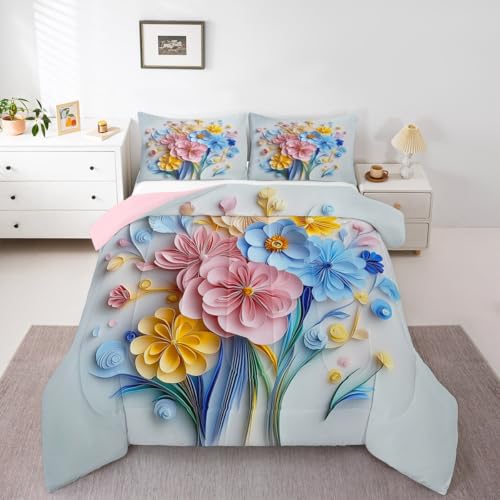 Erosebridal Vintage Floral Twin Comforter Set,Pink and Blue Flower Bedding