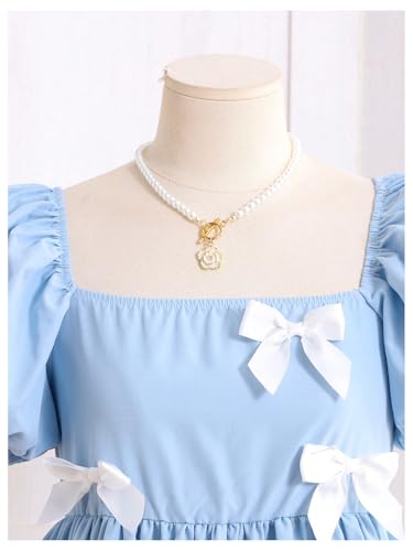 Girl's Y2k Bow Puff Short Sleeve Midi Dress Square Neck Ruffle A Line Dresses3