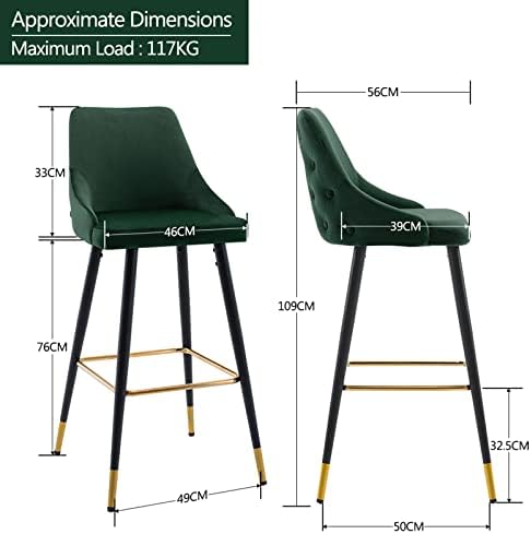 DUHOME Set of 2 Bar Stools with Backrest Fabric Velvet Barstool Metal Legs Colour Selection 5170G, colour:dark green, material:Velvet