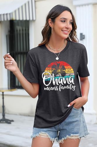 Image of Ohana Means Family Tshirt Women: Hawaii Tropical Graphic T-Shirt Summer Vacation Short Sleeve Tee Top