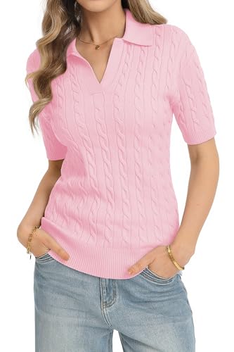 Image of QUALFORT Cable Knit Women's Short Sleeve Sweater Soft V Neck Polo Tops