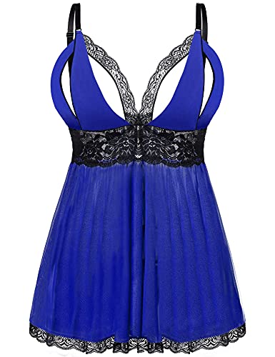 EVELIFE Babydoll Mujer Sexy Conjunto de Lencería Tallas Grandes Camisón de Encaje Tanga Ropa Interior Dormir Vestido(Azul + Negro XXXXL)