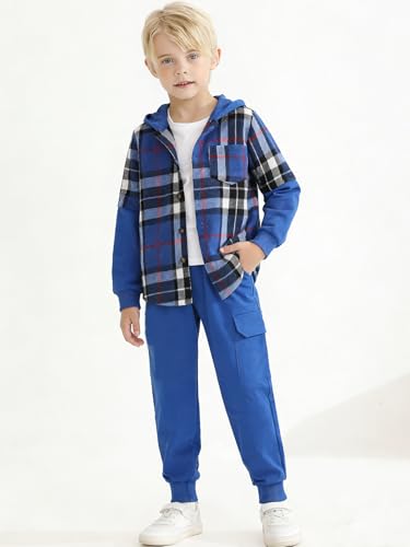 Image of 2Pcs Boys Clothes Sweatsuit Set Hoodie Flannel Plaid Shirt and Jogger Pants for Kids Fall Winter Spring Outfits