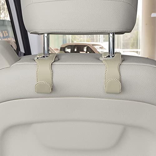 Axelect Headrest Hooks For Purses And Bags, 4 Pcs Leather Purse Holder For Car,Car Back Seat Headrest Hanger Vehicle Leather Storage Hook Beige #TOP2