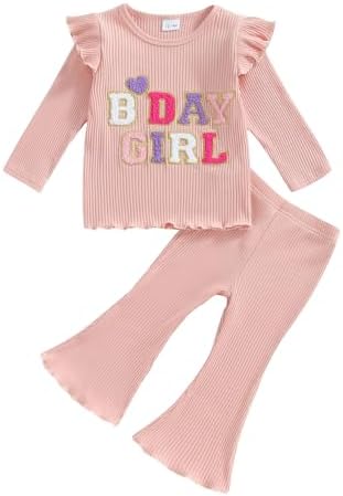 Baby Girl 2Pcs Birthday Outfits Long Sleeve Letter Embroidery Tops Flying Sleeve + Flare Pants Set Toddler Girls Clothes Birthday Clothing Set