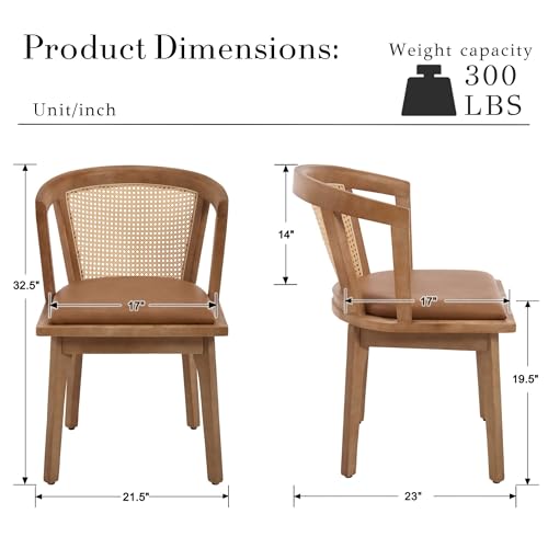 Image of BESTANO Rattan Dining Chairs Set of 2, Mid Century Modern Farmhouse Wood Dining Room Chairs, Leather Upholstered Comfortable Kitchen Dining Side Chair with Cane Woven Back, Brown