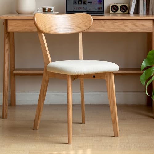 Vadisun 100% Solid Oak Dining Chairs, Mid Century Modern Dining Chair with Curved Backrest, Fabric Upholstered Dining Chairs for Kitchen, Study, Living Room (1, Original Wood-Pear White Cushion)