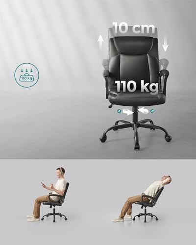 SONGMICS Krzesło biurowe, krzesło biurowe, krzesło komputerowe, ergonomiczne krzesło obrotowe, funkcja przechylania, regulacja wysokości, wyściełane podłokietniki, powierzchnia poliuretanowa, czarne
