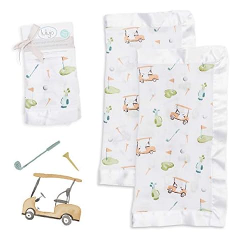 lulujo Baby Security Lovie Blankets| Unisex Softest Breathable Cotton Muslin Security Blanket with Silky Satin Trim| Neutral Comforting Blanket for Girls & Boys | 16in by 16 in| Golf Cover