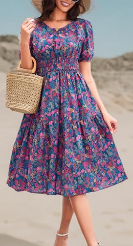 Image of Kormei Women Summer Casual Boho Floral Round Neck Short Sleeve Smocked Waist Tiered Flowy Swing Midi Dress