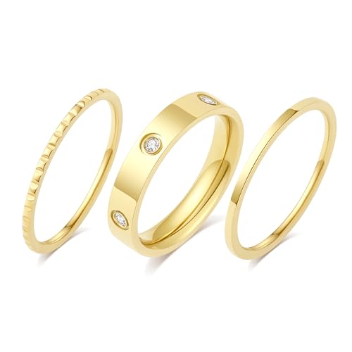Elegant 3PCS Cubic Zirconia Stackable Love Rings for Women, Gold Silver Plated 316L Stainless Steel Hypoallergenic Jewelry, Easter Anniversary Birthday Gifts for Mom friends Sister