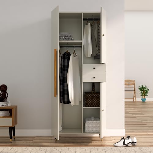 Image of Bniture 3 Door Wooden Wardrobe for Bedroom | Almirah for Clothes with 3 Shelves & 2 Hanging Sections | Full Height Storage Cupboard for Bedroom | Storage Cupboard with Long Bar Handle | Frosty White