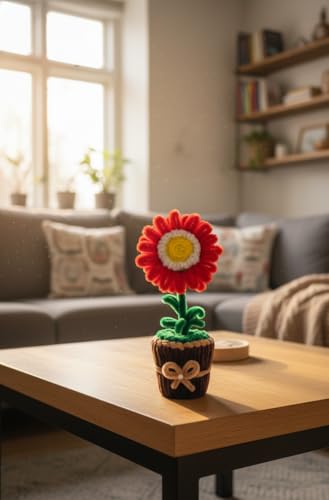 Image of Handmade Artificial Flower Pot for Home Decor | Cute Fuzzy Wire Pipe Cleaner Flower Plant | Aesthetic Tabletop Decorative Pot for Home, Office & Gifting (Soft Bloom :- White-Red)