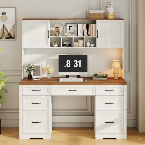 Image of Vabches Farmhouse Executive Desk with 7 Drawers and Storage Cabinet, Rustic Large Home Writing Desk with Hutch, Workstation for Bedroom, White