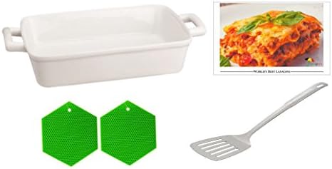 Lasagna Casserole Ceramic Dish 5 Piece Gift Bundle Includes 1 Lasagna Pan 1 Slotted Lifter 2 Silicone Pot Holders 1 Recipe Perfect for Your Own Personal Dinner