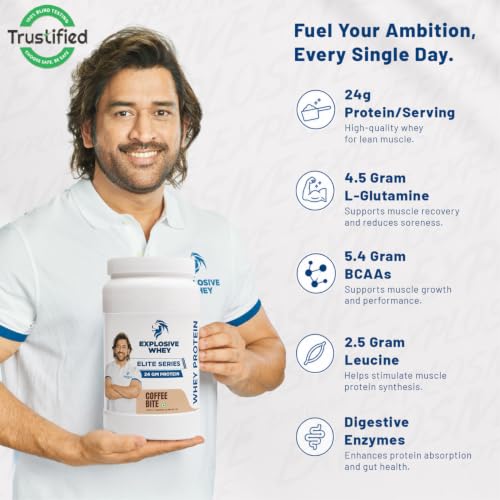 Image of Explosive Whey Elite Series Whey Protein - Trusted by M.S. Dhoni | 24g Protein per Scoop | Premium Concentrate Sport Supplement for Enhanced Muscle Growth and Recovery | Coffee Bite - 1kg (30 Servings), Trustified Certified