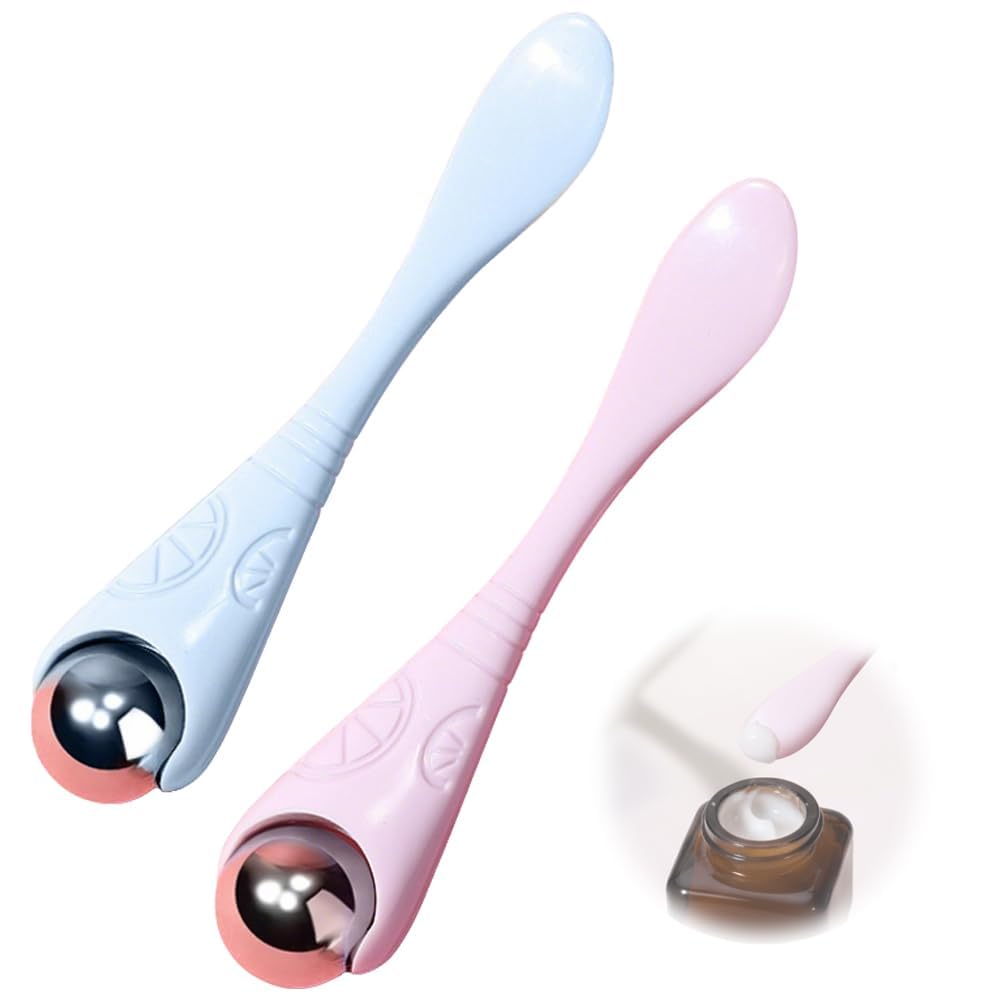2 Pack Mini Ice Roller for Face and Eyes, Portable Stainless Steel Facial Massage Tool with Cream Spoon for Travel, Dark Circles and Puffiness Relief (Blue, Purple)