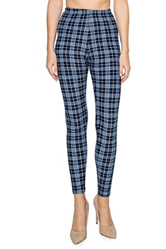 Niobe Clothing Women’s High Waisted Plaid Leggings – Soft Solid Printed Checkered Pants (Blue Multi Plaid) #TOP1