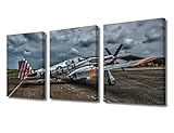 World War Ii Aircraft North American P-51 Mustang Picture Canvas Wall Art 3 Panels Print Modern Home Decor Canvas Wall Decor for Living Room Bedroom Posters Prints Framed Ready to Hang 42' Wx20 H