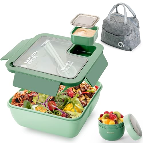 Dyserbuy Lunch Box Adults Bento Box Set with Storage Bag Utensils Oats Container Leakproof Lunchbox Adult with Fork & Spoon for Men Women Student School Office Green