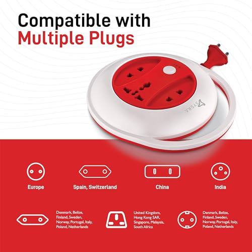 Image of SYSKA SSK-PW-0302-WR Power Wheel with Surge Protection, Strong ABS Material Body, 4 Meter Long (White-Red)