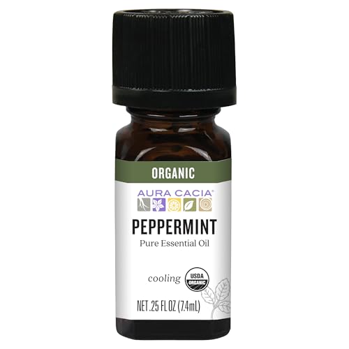 Aura Cacia Organic Peppermint Essential Oil, Mentha Piperita Oil, Cooling Aromatherapy for Diffusers, Skincare, Massage, Custom Blends | 0.25 Fl Oz (Pack of 1)