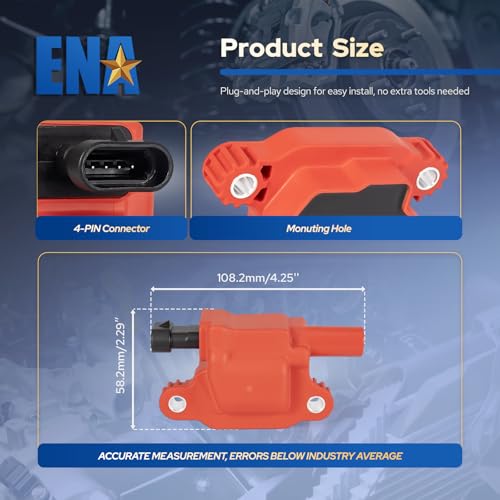 ENA Set of 8 Square Ignition Coil Pack Compatible with Chevy GMC Cadillac Camaro Corvette Express Impala Avalanche Silverado 1500 Suburban Savana 5.3 V8 07 08 09 10 11 Replaces UF413 12570616 - Red by ENA - Image 9
