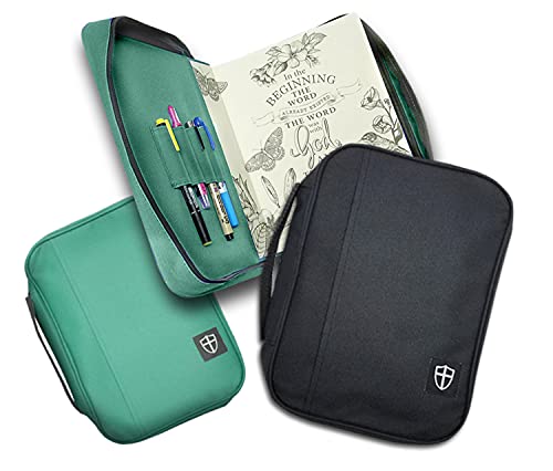 G.T. Luscombe Company, Inc. Armor of God Bible Cover & Book Cover | Oxford Cloth with Handle & Cross Emblem Zipper-Pull | 4 Pen Loops Inside Cover | Outside Pocket | Black & Tiffany Blue | Large & XL