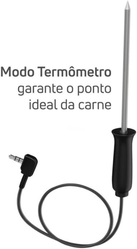 Termômetro de cozinha com ponta metálica e cabo preto com conector P2, detalhando o "Modo Termômetro" para o ponto ideal da carne.