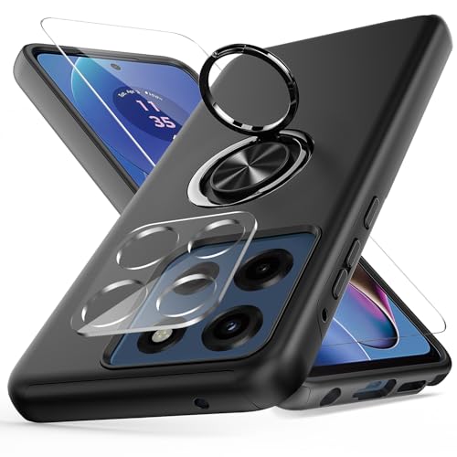 for Motorola Moto G Stylus 5G 2025 Case with Tempered Glass Screen Protector and Camera Lens Protector， 360° Rotatable Ring Holder Magnetic Kickstand, Shockproof ProtectivePhone Case, Black