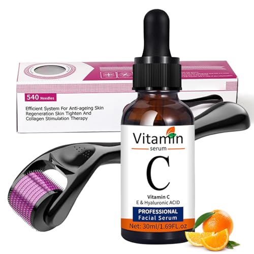 Vitamin C Serum Microneedling Set, Derma Roller 0.5mm mit Vitamin C Serum Gesicht, Pigmentflecken Entferner Gesicht, Micro Infusion System mit Hyaluronsäure Gesichtsserum für Gleichmäßigen Teint