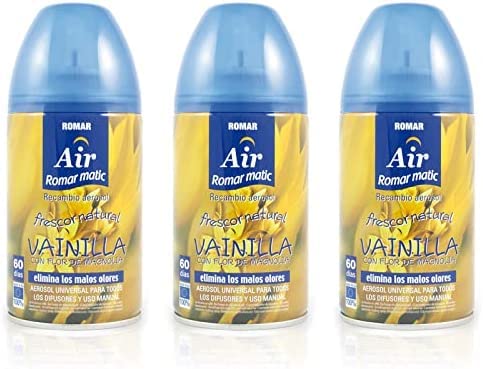 Pack 3 Recambios Aerosol Ambientador Spray Frescor Natural para Difusores y Manual, Esencia para hogar con Aroma Vainilla 250 ml