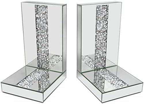 FYWDGLART Mirrored Decorative Bookends.Silver Crush Diamond Decorating Bookend.Skid-Resistant Design.Bookshelf Decor.9X6X5.1inches,Set of 2.