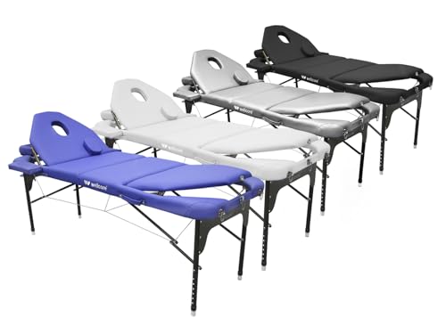 WELLCORE Faltbare Klappliege aus Aluminium, mit doppelter Rückenlehne, klappbar, 185 x 65 cm, Kunstleder, höhenverstellbar, Gelenkkopf, Gesichtsloch, Farbe: Silber, Transporttasche, bis 225 kg