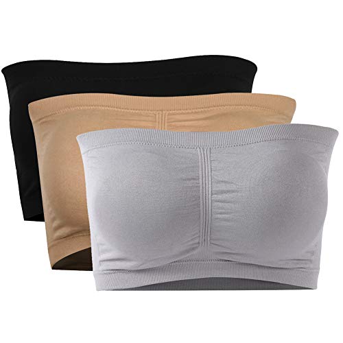 Puremsx Tube Tops For Women, Strapless Pushup Bras For Women Off Shoulder Wireless Bandeau Bra Basic Seamless Stretch Tube Bra,Large,3 Pack,Black,Beige,Gray #TOP7