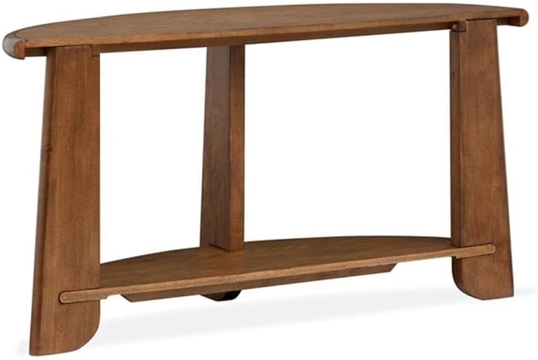 BOWERY HILL Contemporary Demilune Sofa Table, Tawny Brown Okume Veneer, Half-Moon Design, Solid Wood Top with Bottom Shelf, California Casual Style for Living Room or Entryway Decor