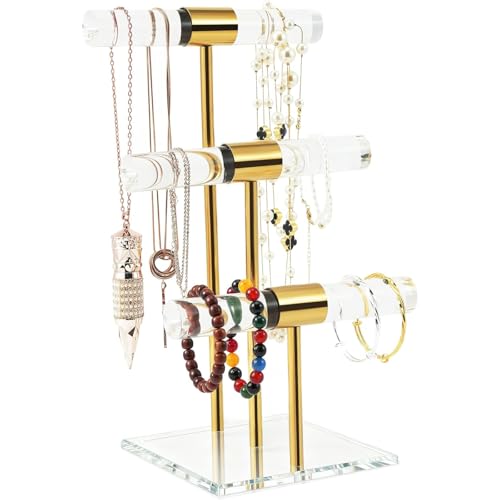 T-Bar Tangle-free Necklace and Jewelry Display Stands, 3-Tier Acrylic Bracelet Holder Stand, Clear Gold Jewelry Organizer with Stainless Rod, Women Vendors Retail Store Counter Bangles Display Stand by SHUNKAIZS - Used condition - US$32.49