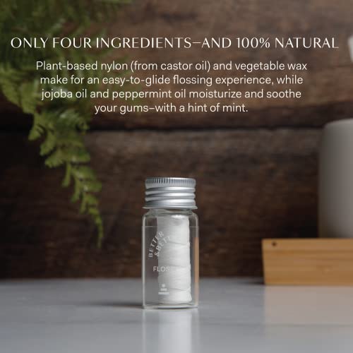 Better & Better Natural Floss | Vegan, 100% Plant-Based Waxed Dental Floss In Refillable Glass Jar | Natural Dental Floss W/ Jojoba & Peppermint Oil | Moisturizing & Soothing Eco Friendly Dental Floss #TOP3