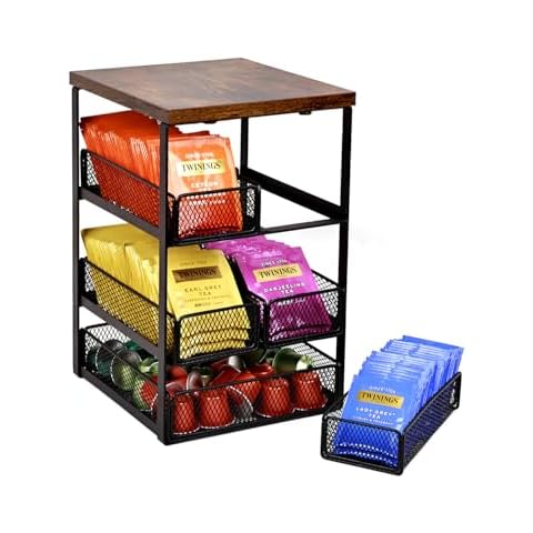Tea Bag Organizer with 5 Drawers, Wooden & Metal Tea Storage Organizer for TeaBags, Coffee Pods, Creamers & Sugar – Countertop Tea Bag Holder for Coffee Bar and Kitchen, Space-Saving Tea Storage Rack Cover