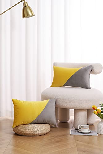 Set Of 2 Decorative Patchwork Lumbar Throw Pillow Covers 12X20 Yellow Grey Geometric Pattern Velvet Square Pillow Cushion Cases For Sofa Couch Bed Home Decor Outdoor #TOP4