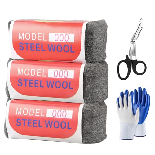 Lana de Acero, 3 Piezas 000 Lana de Acero, Fácil de Cortar, Pulir, Limpiar Persianas de Plástico, con Tijeras y Guantes, para Rellenar Agujeros y Grietas en Paredes, para Habitaciones, Garajes
