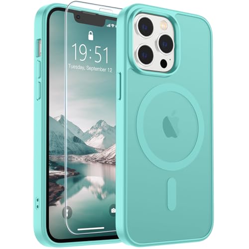 Image of SUPFINE Magnetic for iPhone 12 Pro Max Case with Screen Protector (Compatible with MagSafe) (Military Grade Drop Protection) Translucent Matte Shockproof with Anti-Fingerprint Phone Case,Blue Green