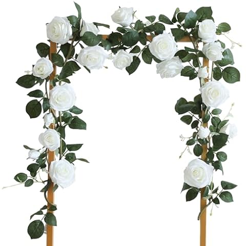 Rosscer 2 Strands Artificial Silk Roses Flowers Vines Garland 6FT Fake Rose Vine Floral Green Leaves Hanging Plants for Wedding Arrangement Decoration, Arch, Party, Bedroom, Wall, Home Decor (White) Cover