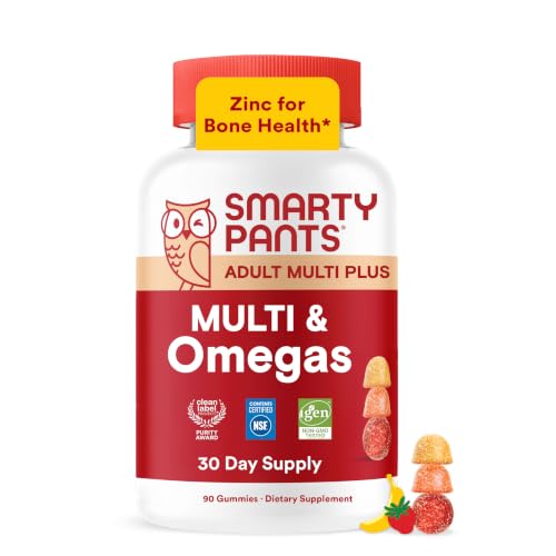 SmartyPants Plus Multi & Omegas Men and Women's Multivitamin Gummies with Omega 3 DHA/EPA, Vitamin D3, C, B12, B6, A, K, Zinc, Biotin, Clean Label, Three Fruit Flavors, 90 Count (30 Day Supply)