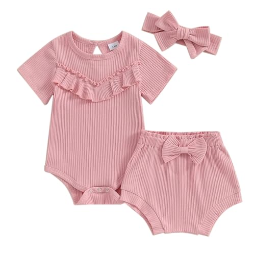 Baby Girls Outfits Summer Solid Color Short Sleeve Bodysuit Shorts with Headband Newborn Clothes Set Rib Ruffle Bodysuit