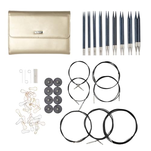 Image of Knit Picks Blue Wood Interchangeable Knitting Needles Set with Case | 9 sizes of 4.75 inch long knitting needles, sizes 4-11, includes cables, stitch markers, and endcaps.