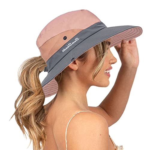 Image of Sun Hat for Women Summer UV Protection Beach Hat Wide Brim Mesh Bucket Fishing Hat with Ponytail Hole Foldable Packable Hat