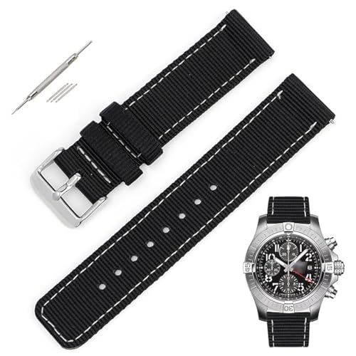 Quick Release Canvas Nylon Straps For Breitling Watches, Replacement Nylon Watch Band For Breitling Watches - Multiple Colors (24mm, Black - White)